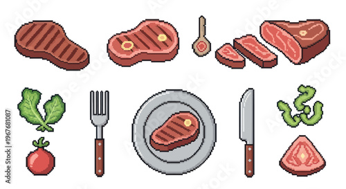 Pixel Art Steak and Meat Food Icons Collection with Ingredients and Utensils