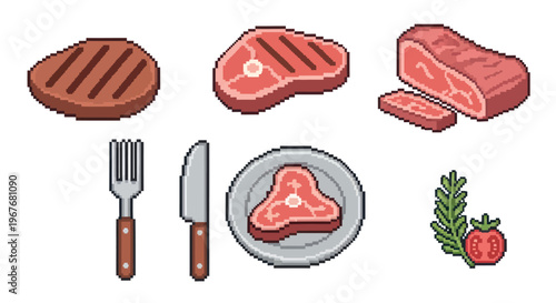 Food Industry Pixel Art Icons: Steak, Raw Meat Cuts, Cutlery, and Ingredients Collection