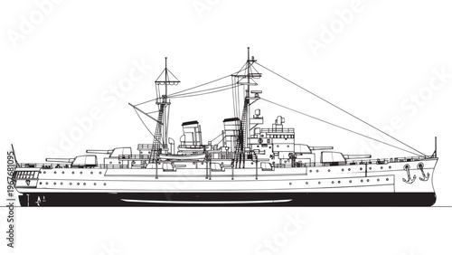 Detailed Illustration of a Historic Warship with Multiple Masts and Armored Hull.