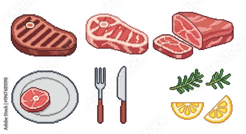 Pixel Art Meat and Culinary Icons Set: Steak, Fork, Knife, Rosemary, Lemon Slices