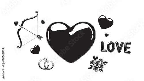 Collection of love-themed symbols including hearts, bow, and flowers for romantic or Valentine's Day designs.