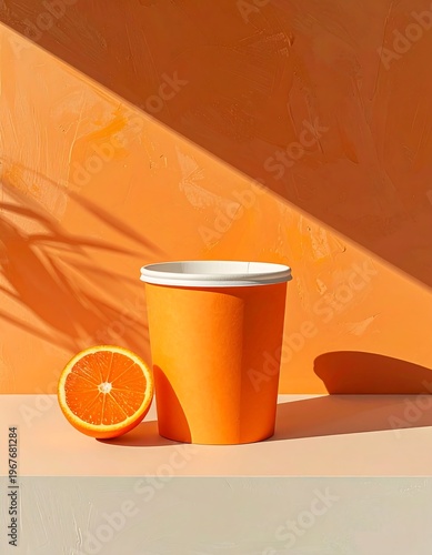 Orange cup beside orange slice with wall shadow on a neutral surface