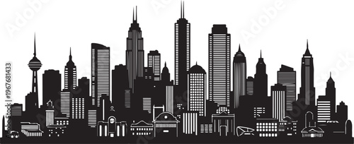 Black and white city skyline with tall buildings silhouette