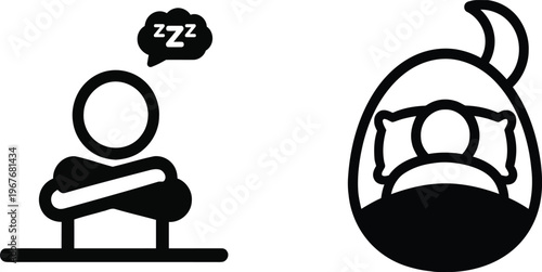 "Person Sleeping at Desk with ZZZ and Cozy Bedroom Bed Icon Set — Fatigue, Insomnia, Naptime and Nighttime Rest Concept Illustration"