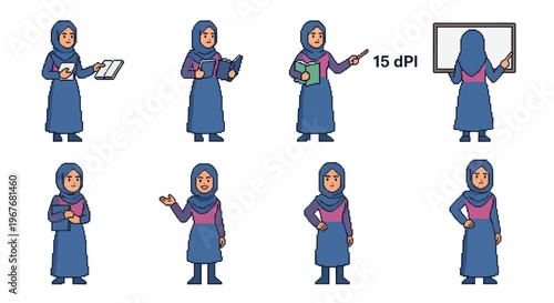 Flat Vector Illustration of Muslim Women Teachers  Students in Various Education Poses