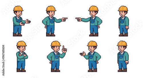 Pixel Art Construction Worker Character Poses Set for Industry and Labor