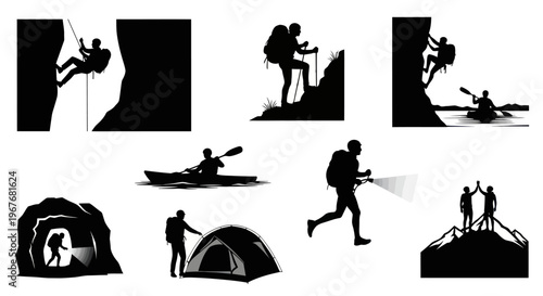 Outdoor Adventure Sports Silhouettes: People Hiking, Climbing, Kayaking, Camping Vector Icons