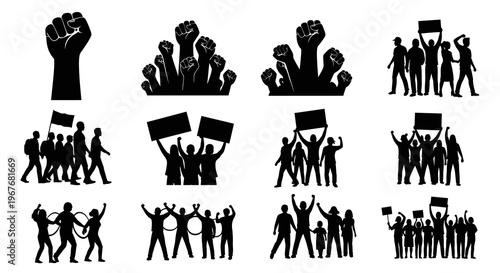 Activism Protest Social Justice Glyph Silhouettes: Raised Fists  Marching People Vector Set
