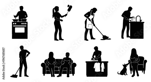 Domestic Life Silhouette Icons Set: Daily Chores, Cleaning, Cooking  Leisure Activities