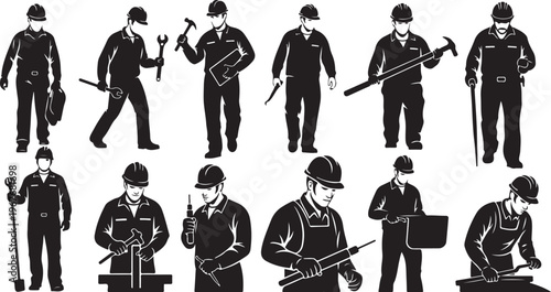 Silhouette of a man in various work poses and actions