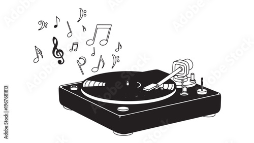 Vintage Turntable with Vinyl Record and Headphones for Music Listening.