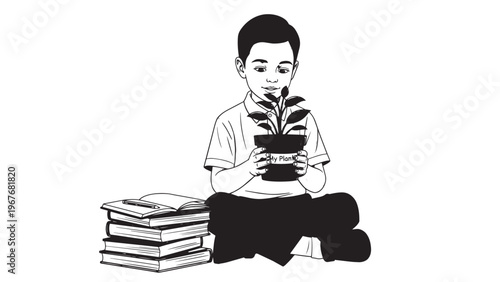 Young boy sitting on the floor reading a book with a stack of books beside him.