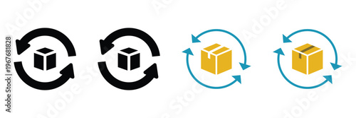 Product return icon with box and circular arrows, delivery exchange and recycling concept vector