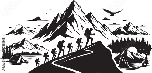 Hikers on a mountain trail with scenic views and camping gear