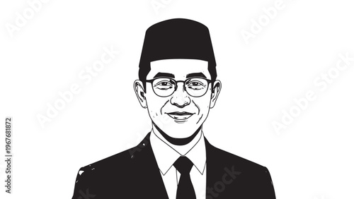 Black and White Illustration of a Man Wearing Glasses and a Suit.