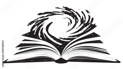 Open book with pages fanned out and swirling design in black and white.