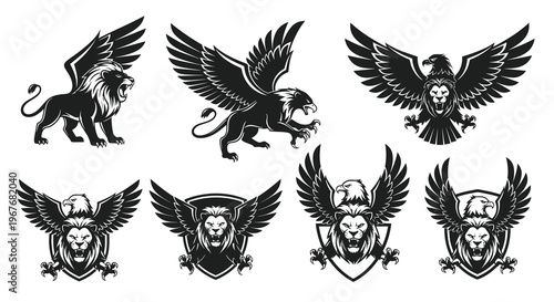 Black  White Heraldry Mascot Logos: Winged Lions, Griffins, and Eagle Lion Emblems Set