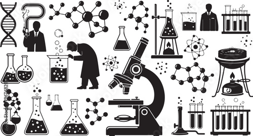 Science and laboratory icons in black and white illustration style