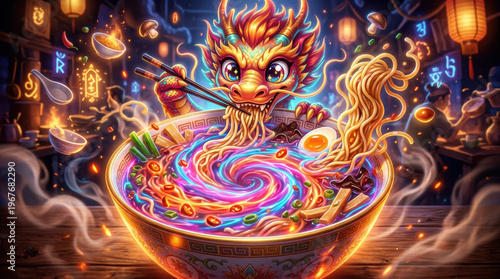 Cartoon Monster Eating Soup with Leaves Mushrooms and Egg