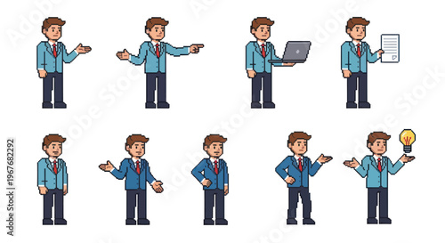 Pixel Art Business Man Character Poses Set for Office Presentation and Ideas