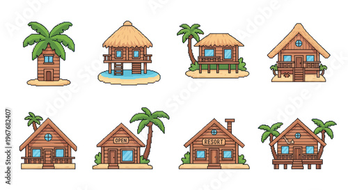 Pixel Art Tropical Beach Huts  Resort Cabins Icons Collection for Travel and Tourism