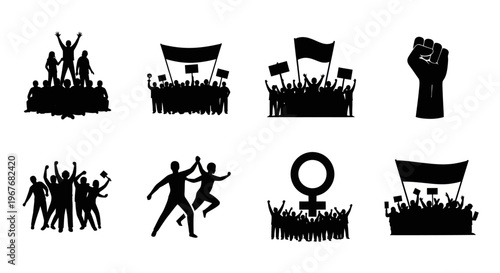 Social Activism and Protest Silhouette Vector Icon Set: Crowd, Fist, Female Symbol, Banners