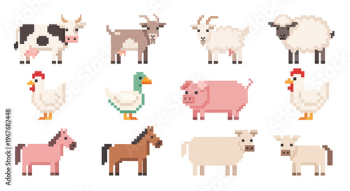 Pixel Art Farm Animals Collection: Retro 8-bit Livestock Icons for Agriculture  Gaming Design