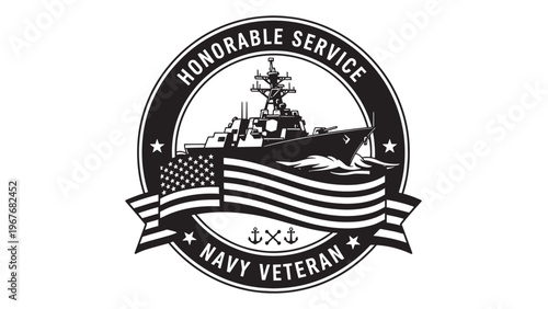 Honorable Service Navy Veteran Emblem with Ship and Flag Design.