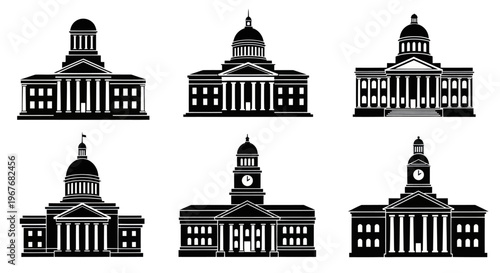 Government Buildings  Institutions Black Glyphs Icon Set - Architecture Silhouettes