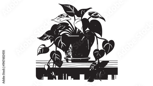Black and white illustration of a potted plant with large leaves and a keyboard beneath it.