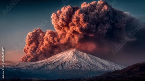 Outdoor exploration adventure. A dramatic landscape photograph captures a large plume of smoke rising from a volcanic eruption. The smoke is a rich, fiery orange.