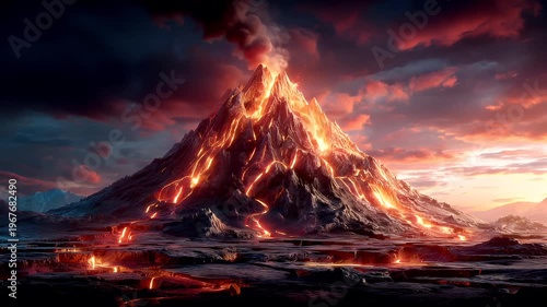 Outdoor exploration adventure. A vivid digital artwork depicts a majestic volcano erupting. The volcanos peak is bathed in fiery orange and red hues, with molten lava flowing down its sides.