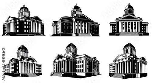 Government Building and Courthouse Vector Set in Black and White Line Art Style