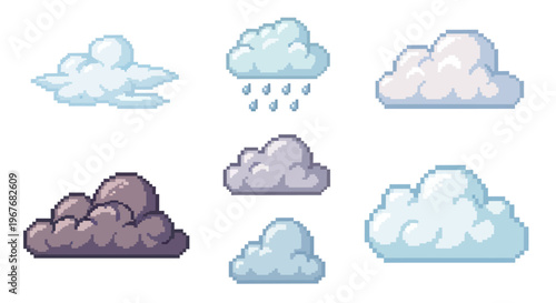 Pixel Art Weather Clouds Icon Set for Gaming and App UI Design