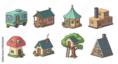Isometric Cartoon Houses Dwellings Collection. Whimsical Home  Architecture Illustrations.