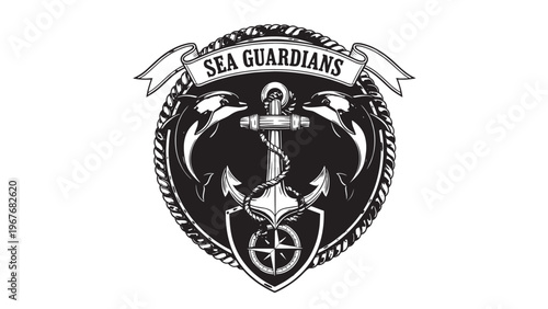 Sea Guardians Emblem Featuring Anchor and Marine Elements in Black and White.