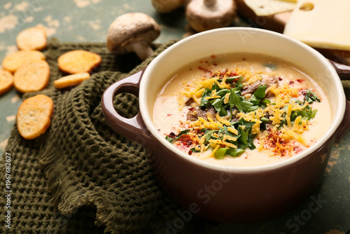 Bowl of tasty cheese soup w...