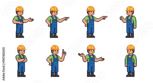 Pixel Art Construction Worker Man Character Poses  Gestures Set