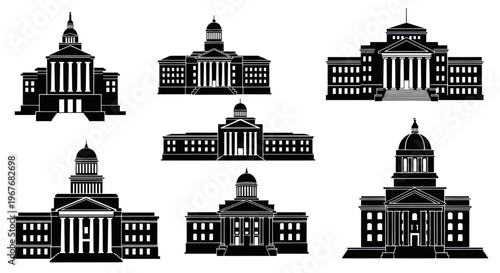 Classic Government  University Buildings Silhouette Icons Set - Black  White Vector Glyphs