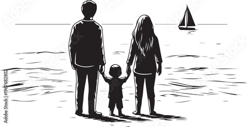 Family standing by the ocean holding hands with sailboat
