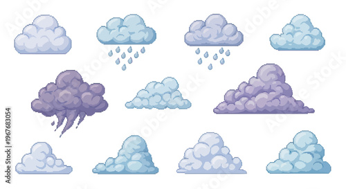 Pixel Art Weather Clouds Set with Rain  Storm Icons for Game Design  Forecast
