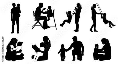 Parenting Family Childcare Silhouettes - Black  White Vector Set of Parents  Children