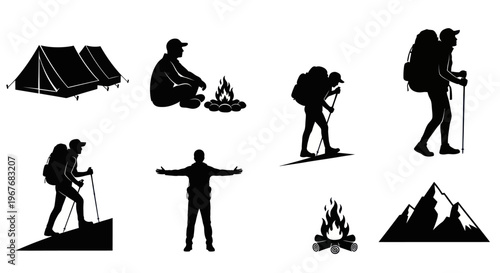 Outdoor Recreation Hiking and Camping Adventure Vector Silhouettes Icons Set