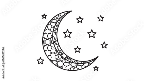 Decorative Crescent Moon with Stars Illustration for Night Sky Theme.