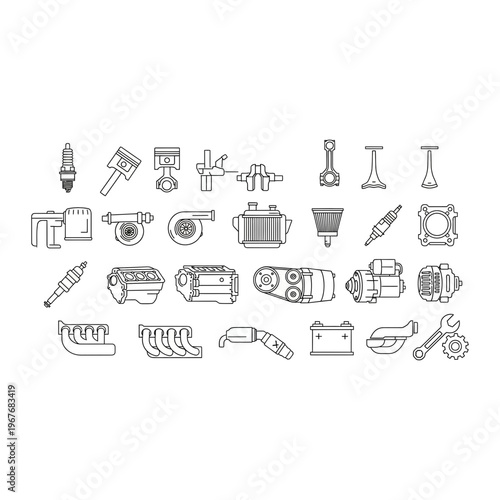 Automotive engine parts and car repair line icon collection