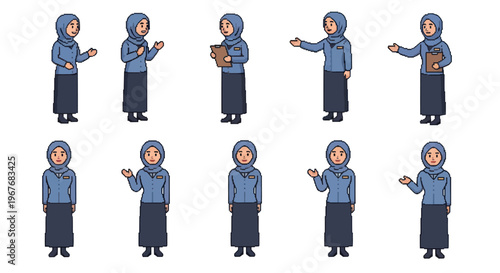 Muslim Female Civil Servant Flat Illustration Character Set in Various Poses