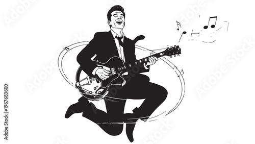 Musician Playing Electric Guitar and Singing with Microphone on Stage.