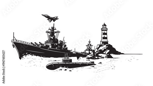 Military Ship Navigating Near a Lighthouse in Open Water.