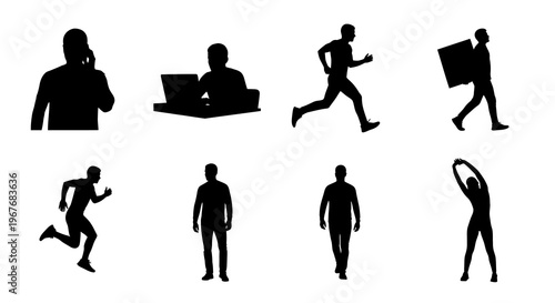 Diverse Black  White Vector Silhouettes of People: Lifestyle, Business  Fitness Activities