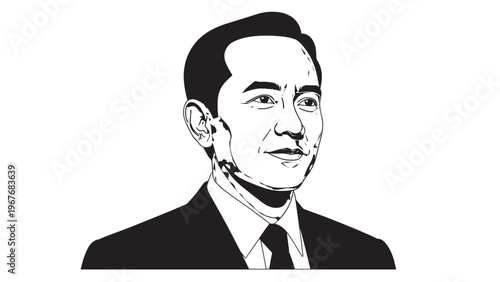 Black and White Illustration of a Man in Formal Attire with Short Hair and a Serious Expression.